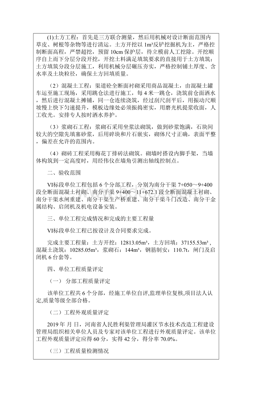 河南省人民胜利渠灌区续建配套与节水改造项目 度工程施工Ⅵ标单位验收鉴定书Word文档格式.docx_第3页