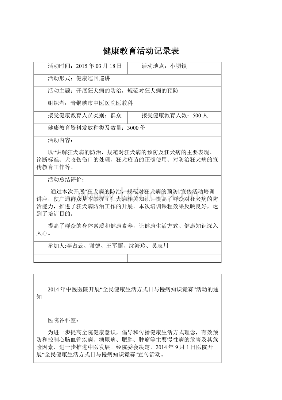 健康教育活动记录表Word文档格式.docx