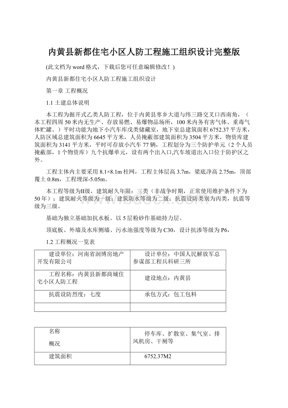 内黄县新都住宅小区人防工程施工组织设计完整版Word文档格式.docx