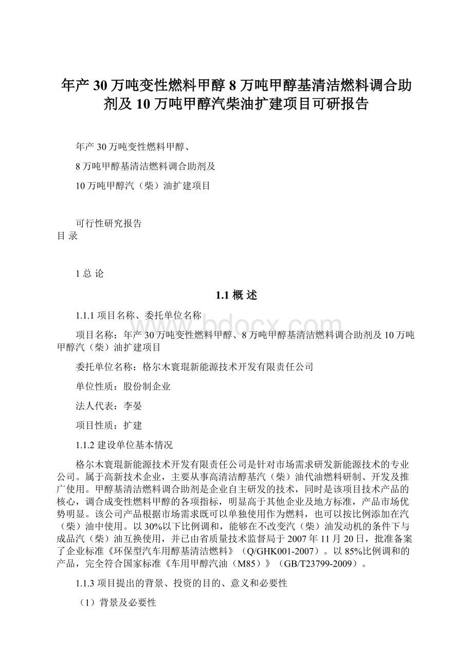 年产30万吨变性燃料甲醇8 万吨甲醇基清洁燃料调合助剂及 10 万吨甲醇汽柴油扩建项目可研报告Word格式.docx