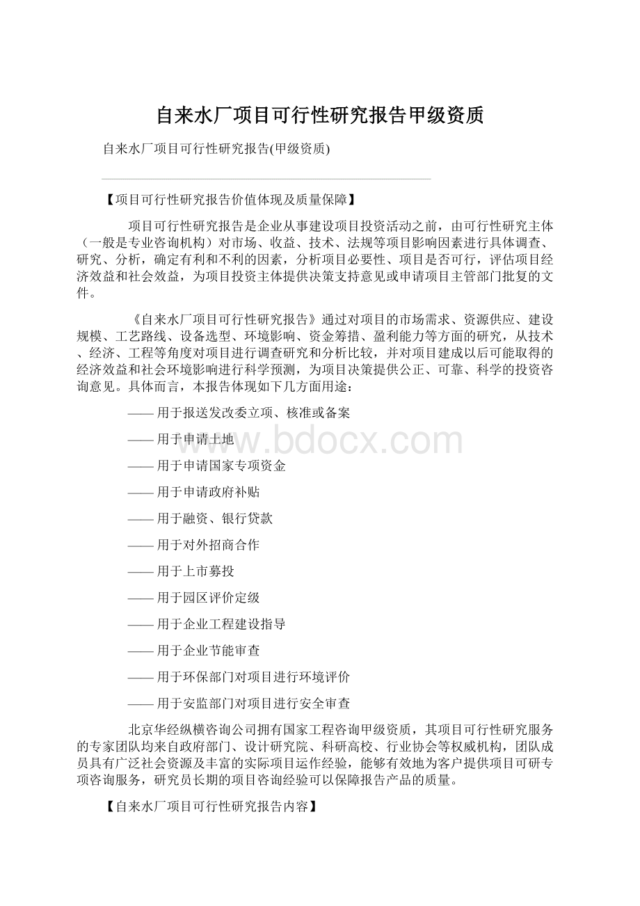 自来水厂项目可行性研究报告甲级资质Word格式.docx