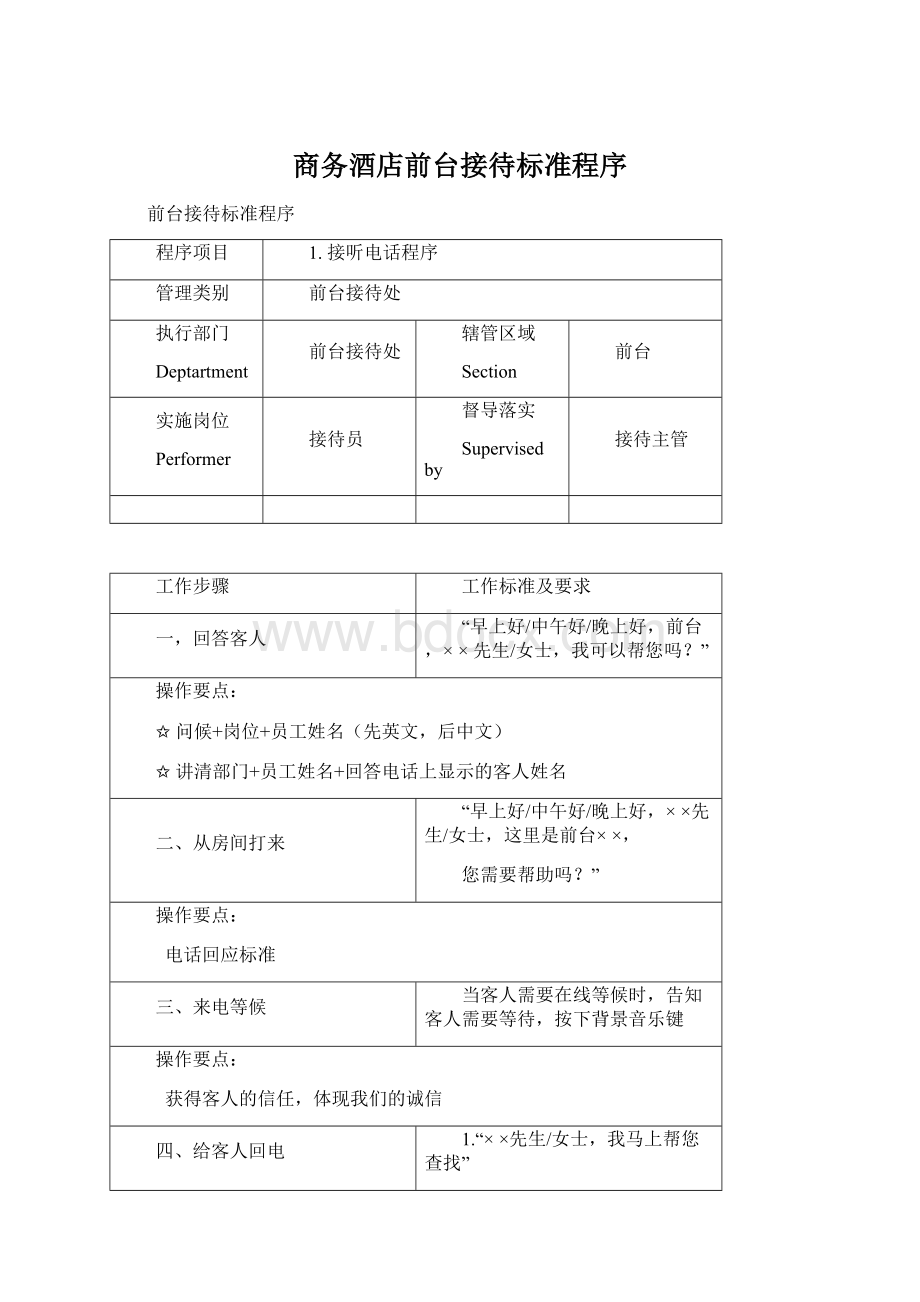 商务酒店前台接待标准程序Word文档下载推荐.docx