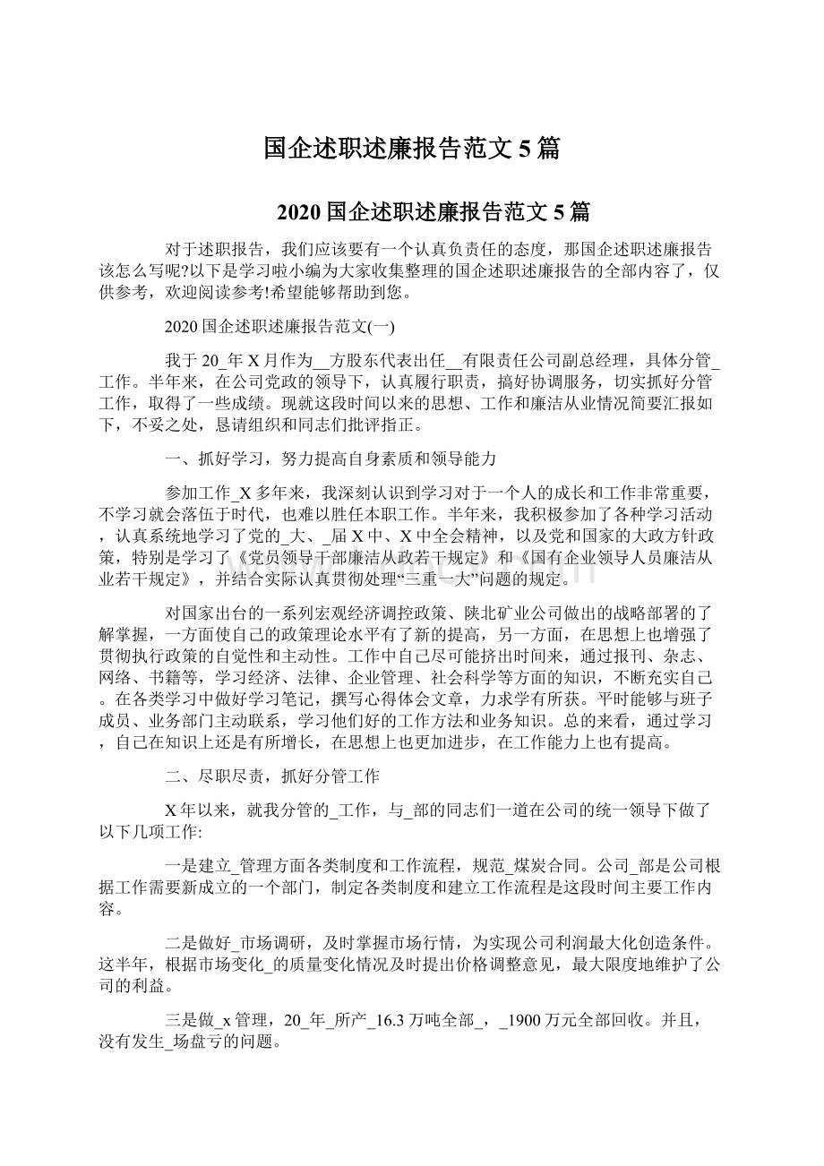 国企述职述廉报告范文5篇文档格式.docx