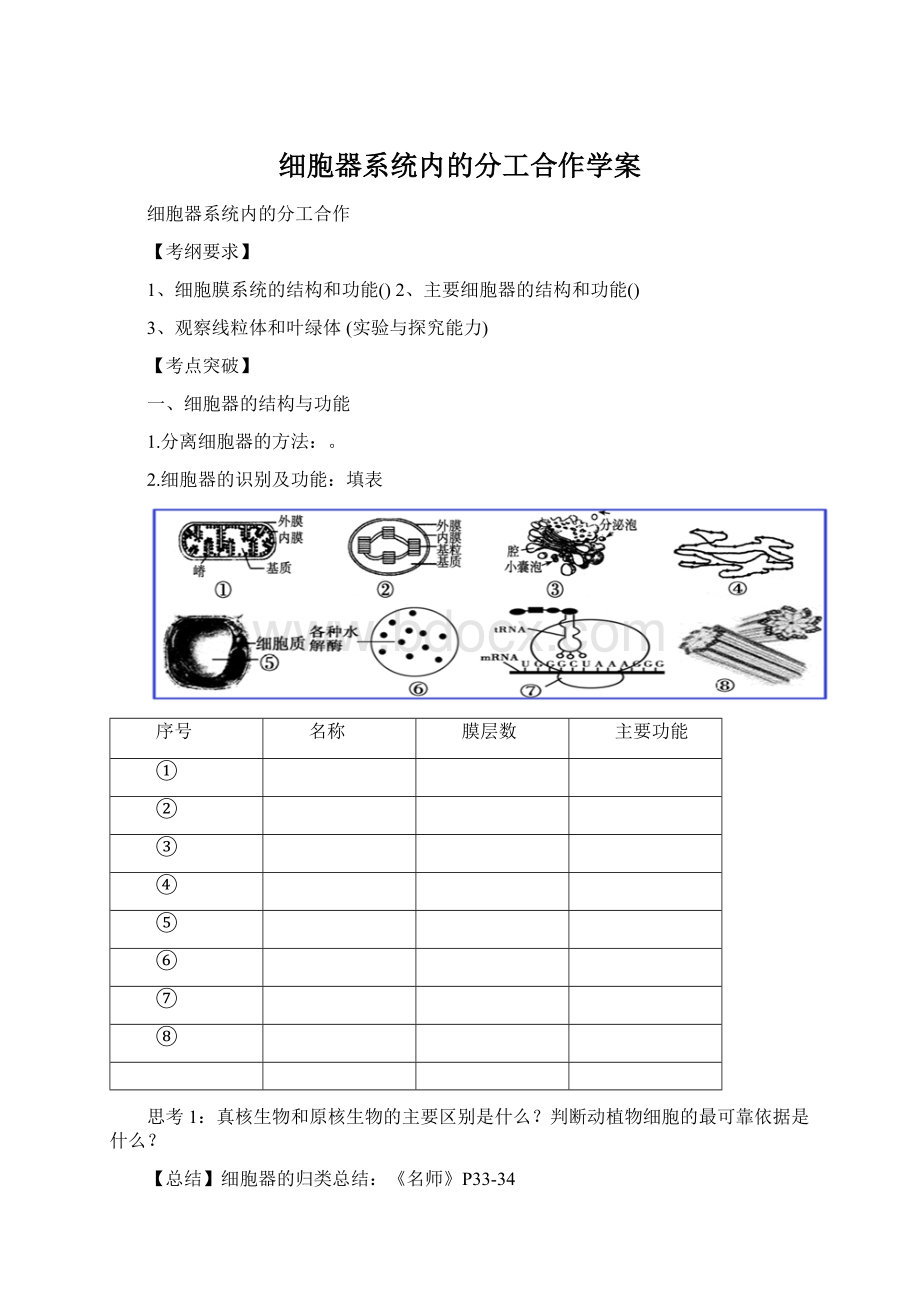 细胞器系统内的分工合作学案Word下载.docx