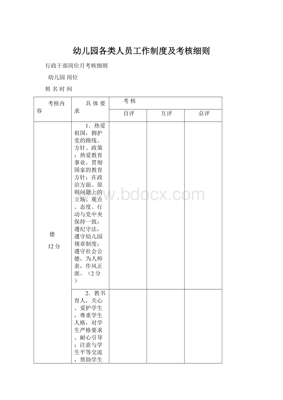 幼儿园各类人员工作制度及考核细则Word文档格式.docx_第1页