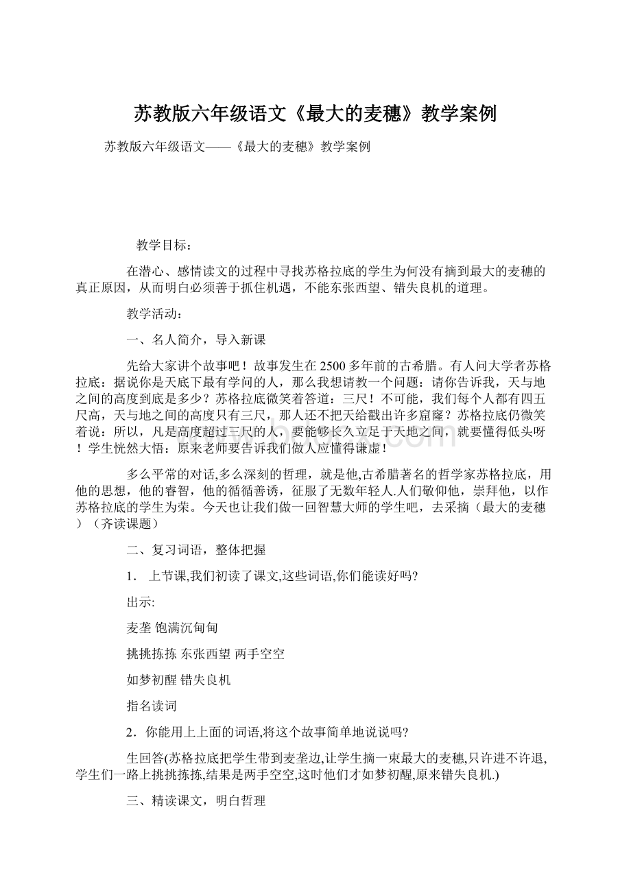 苏教版六年级语文《最大的麦穗》教学案例Word文档格式.docx