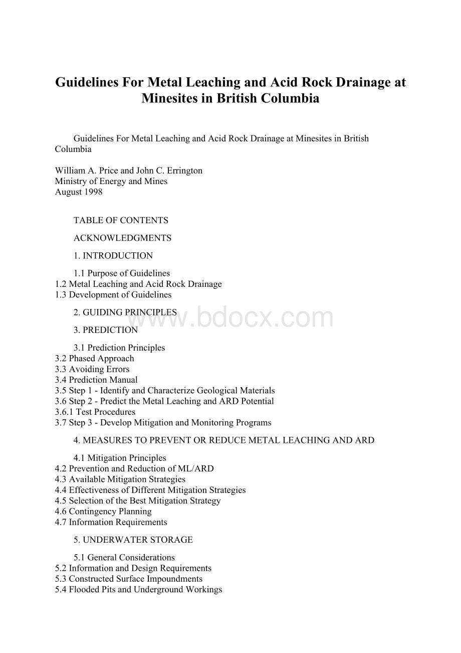 Guidelines For Metal Leaching and Acid Rock Drainage at Minesites in British Columbia.docx_第1页