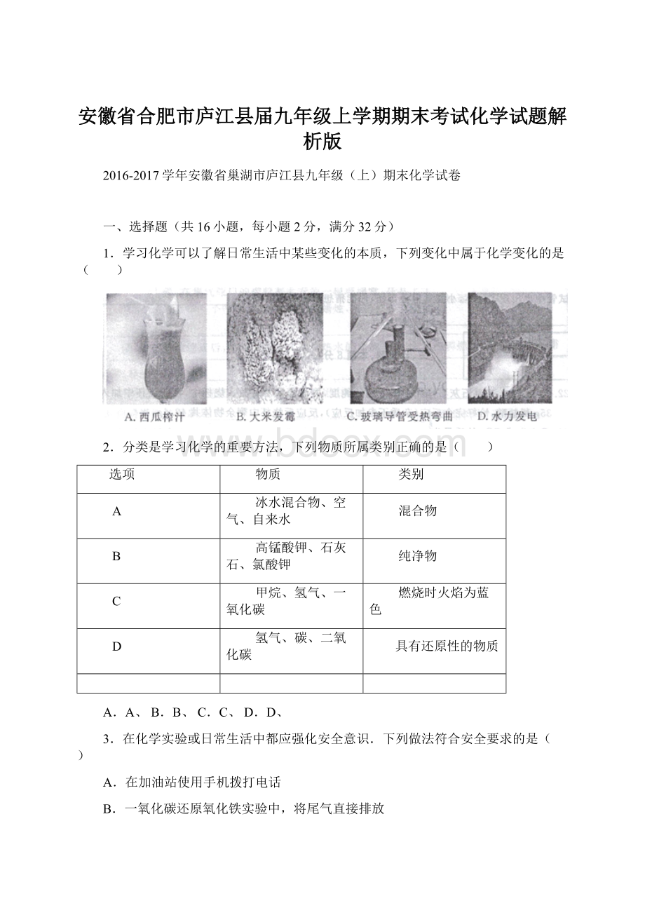 安徽省合肥市庐江县届九年级上学期期末考试化学试题解析版.docx_第1页