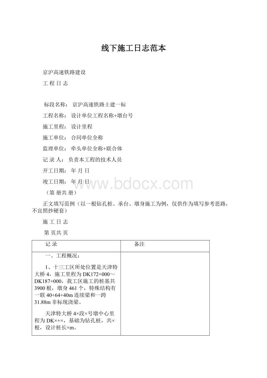 线下施工日志范本文档格式.docx