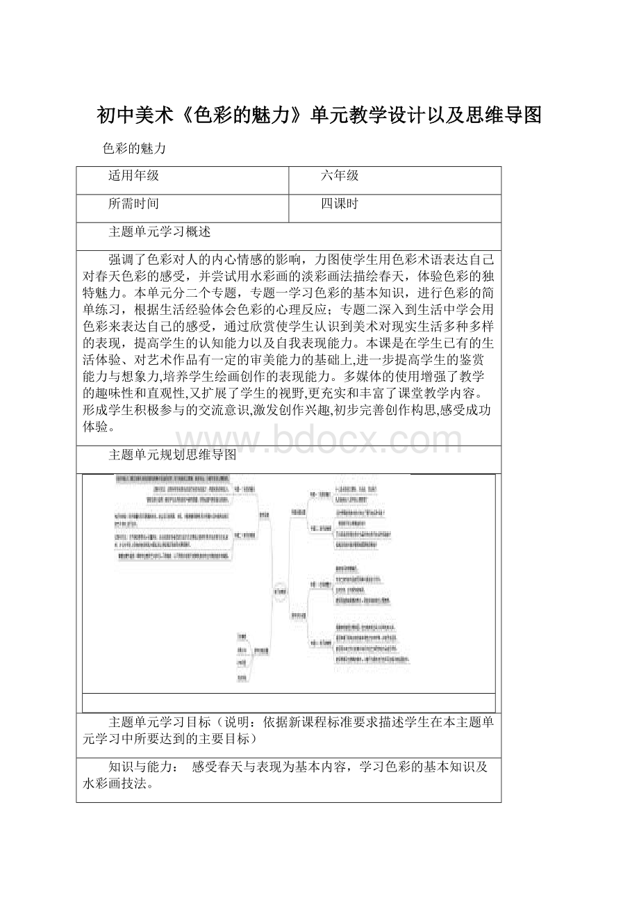 初中美术《色彩的魅力》单元教学设计以及思维导图.docx