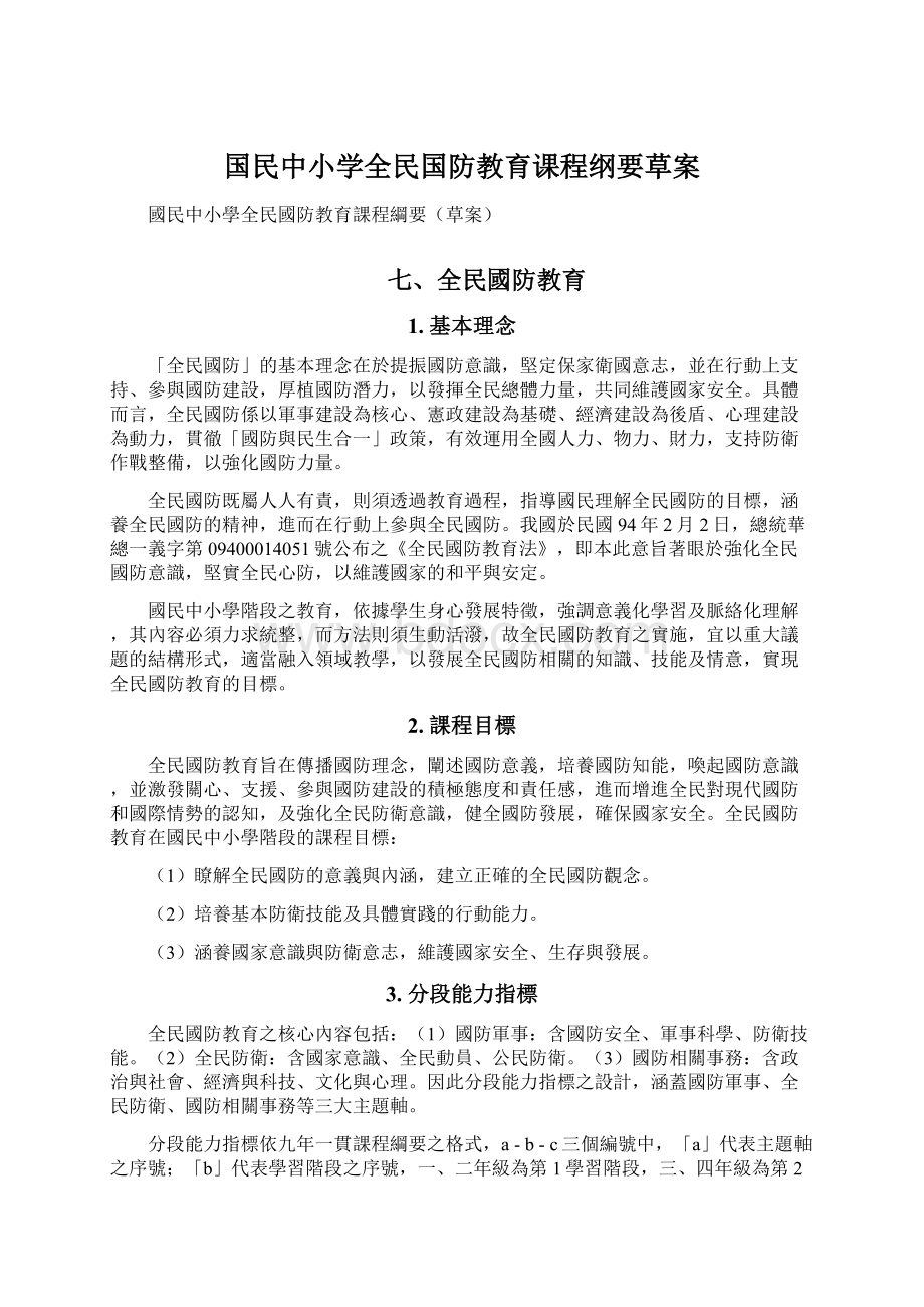 国民中小学全民国防教育课程纲要草案Word格式.docx