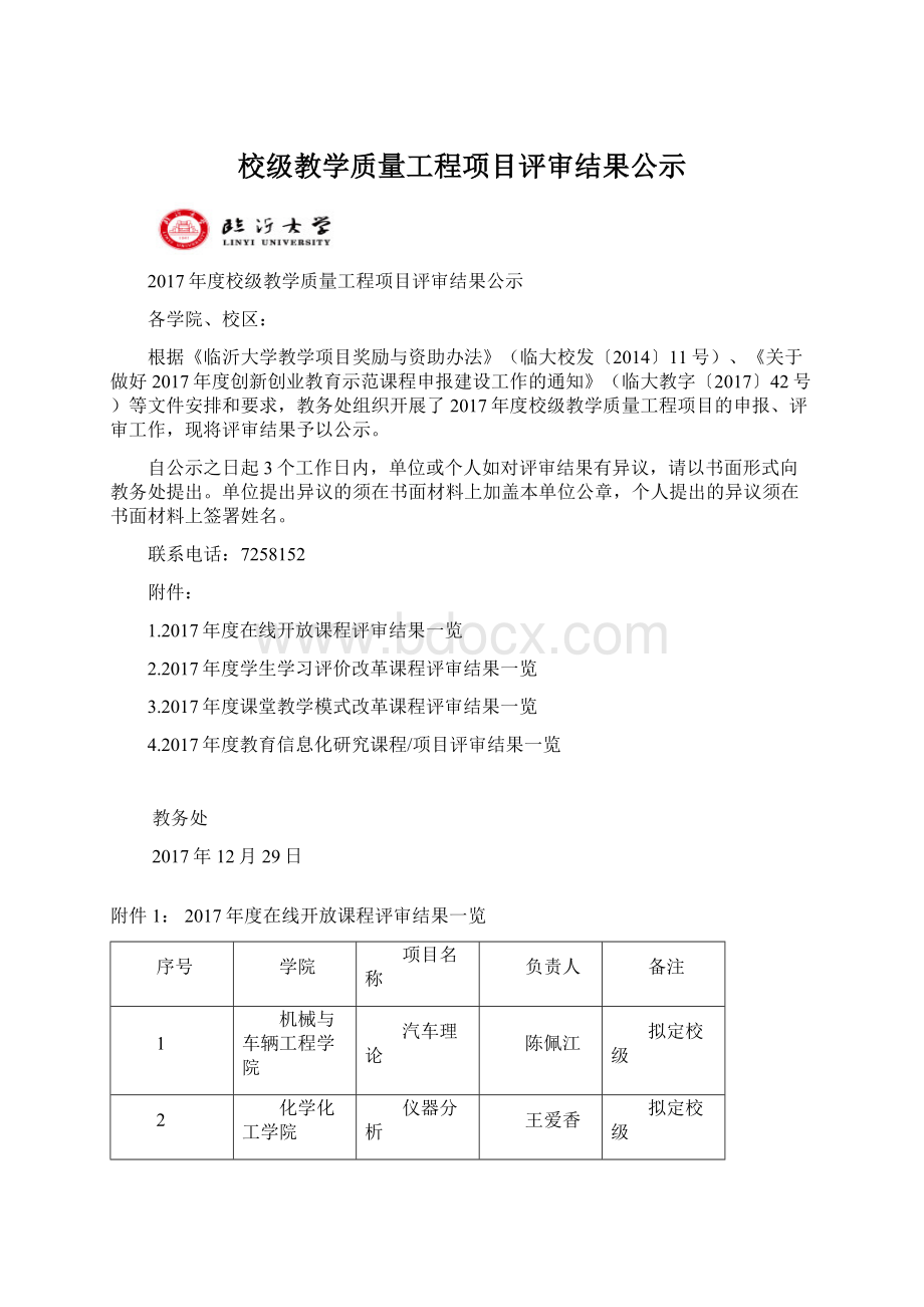 校级教学质量工程项目评审结果公示.docx