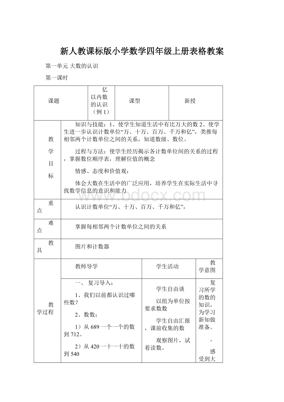 新人教课标版小学数学四年级上册表格教案.docx