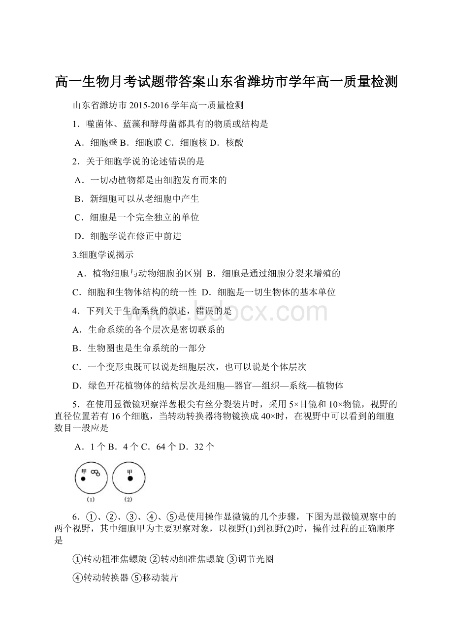 高一生物月考试题带答案山东省潍坊市学年高一质量检测.docx