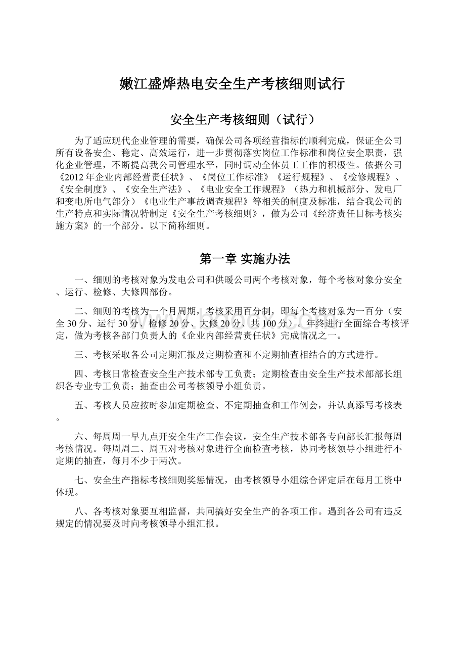 嫩江盛烨热电安全生产考核细则试行.docx