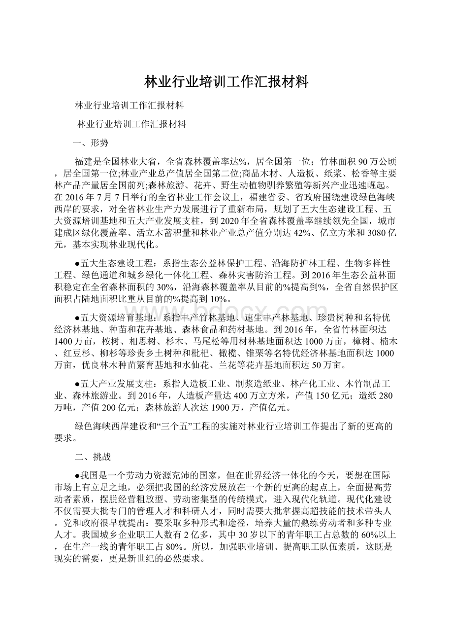 林业行业培训工作汇报材料Word文档下载推荐.docx