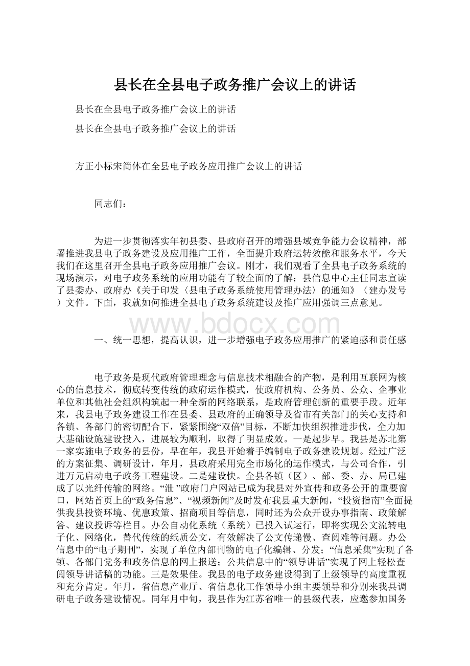 县长在全县电子政务推广会议上的讲话.docx_第1页