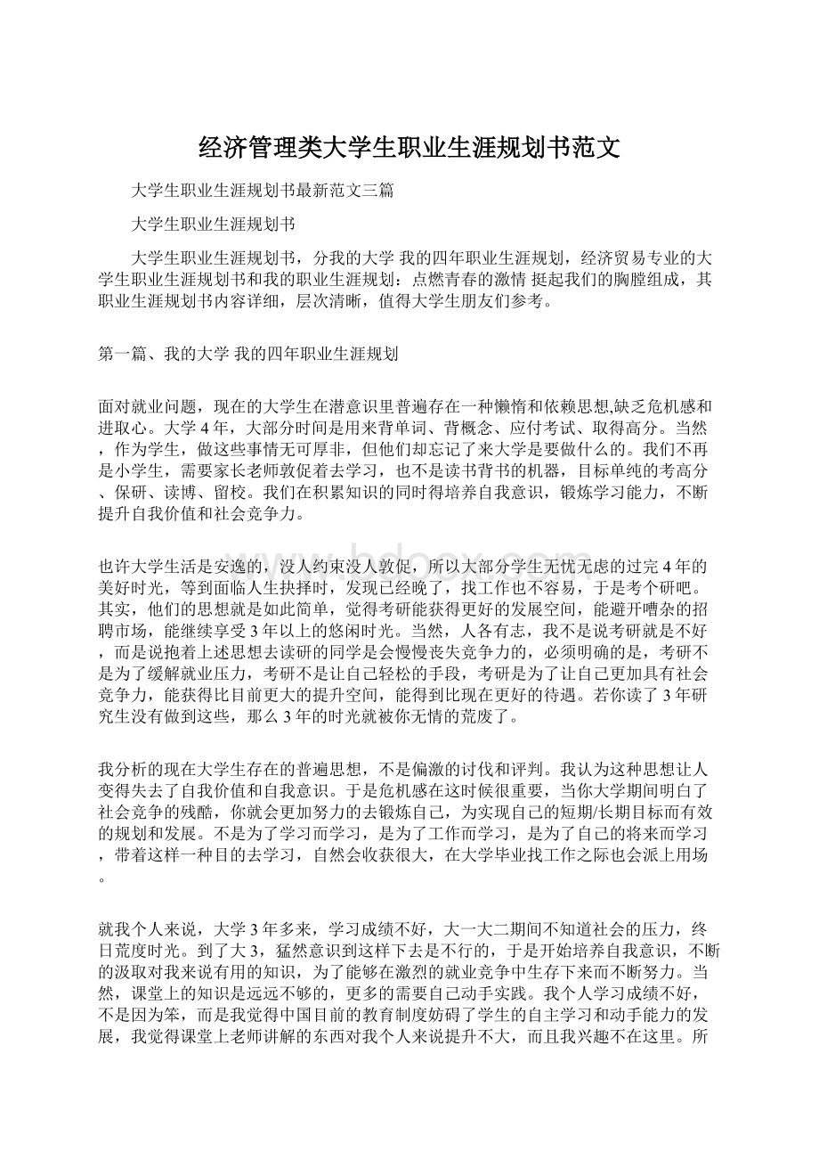 经济管理类大学生职业生涯规划书范文Word格式.docx