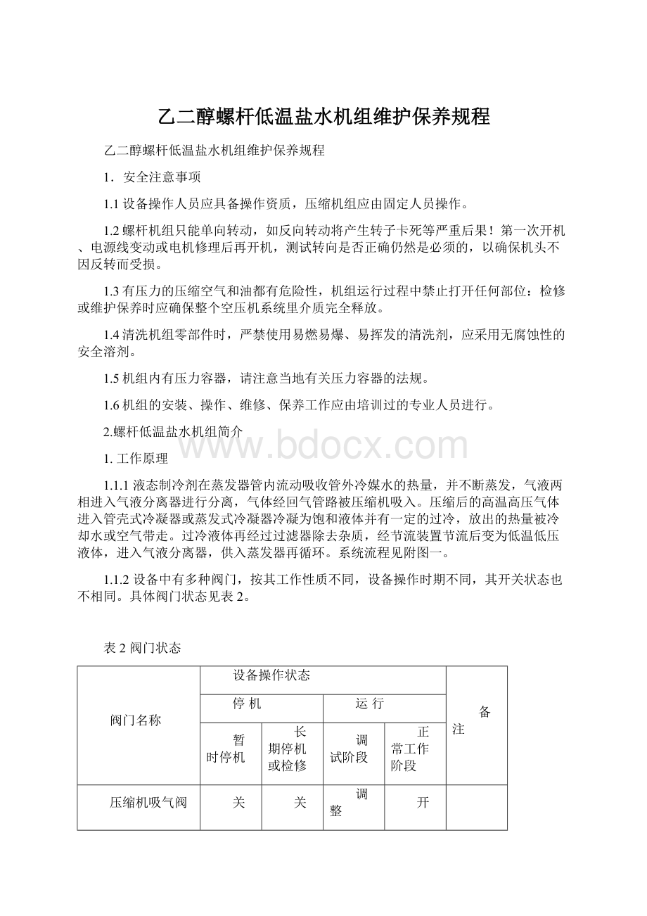 乙二醇螺杆低温盐水机组维护保养规程.docx