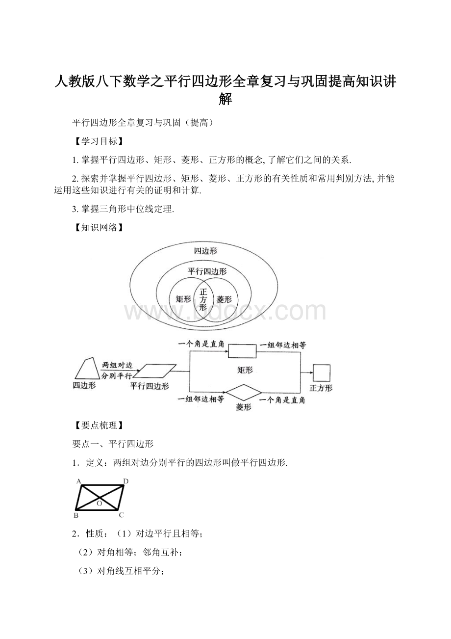 人教版八下数学之平行四边形全章复习与巩固提高知识讲解.docx_第1页