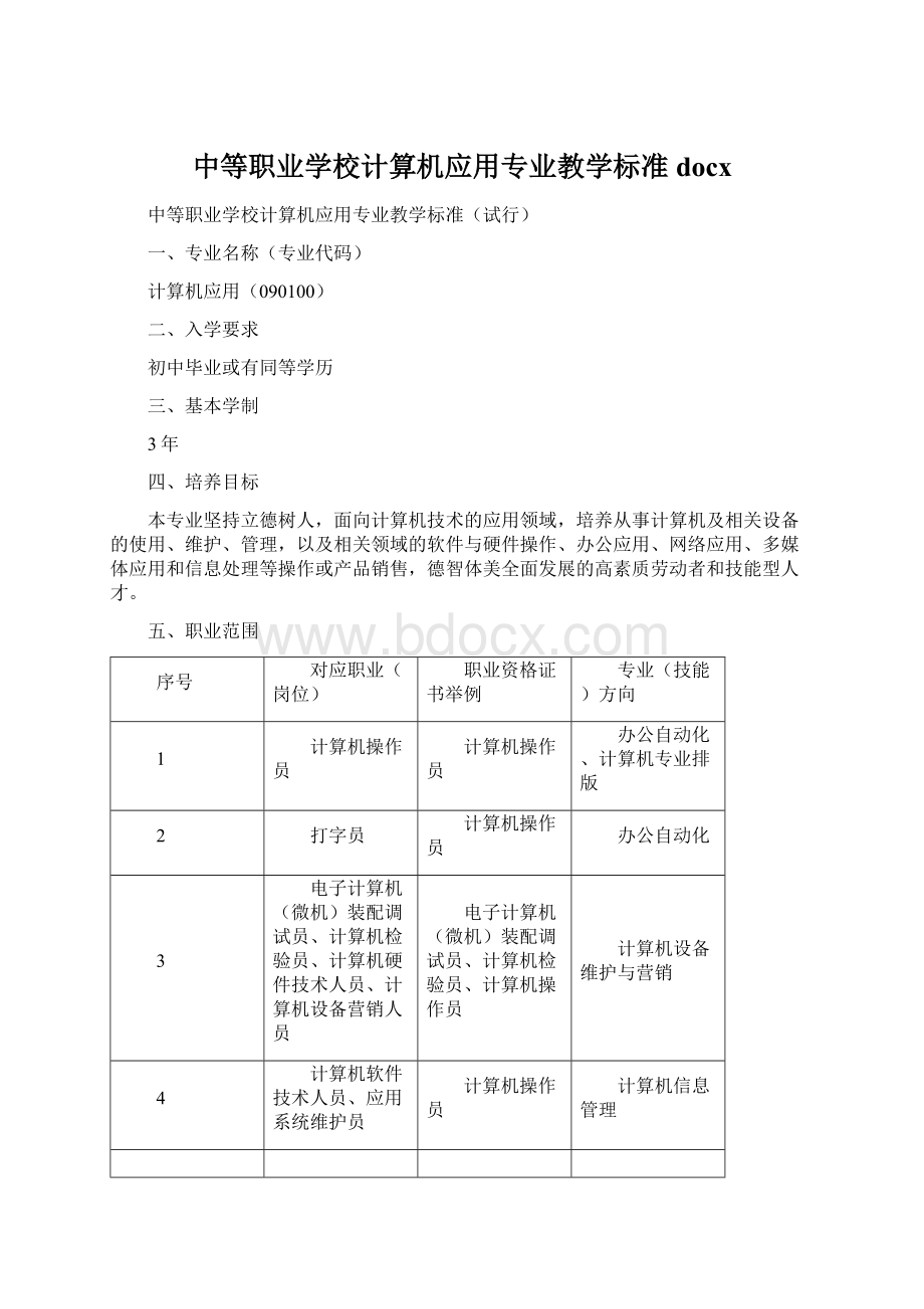 中等职业学校计算机应用专业教学标准docx.docx_第1页