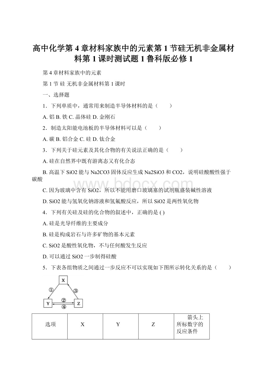 高中化学第4章材料家族中的元素第1节硅无机非金属材料第1课时测试题1鲁科版必修1文档格式.docx_第1页