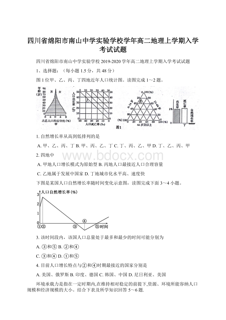 四川省绵阳市南山中学实验学校学年高二地理上学期入学考试试题Word文档格式.docx_第1页