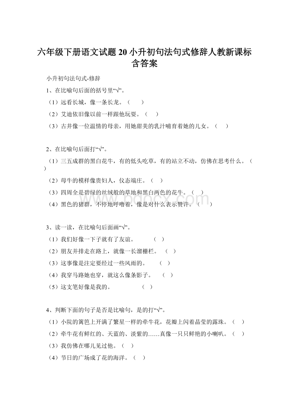 六年级下册语文试题20小升初句法句式修辞人教新课标含答案.docx_第1页