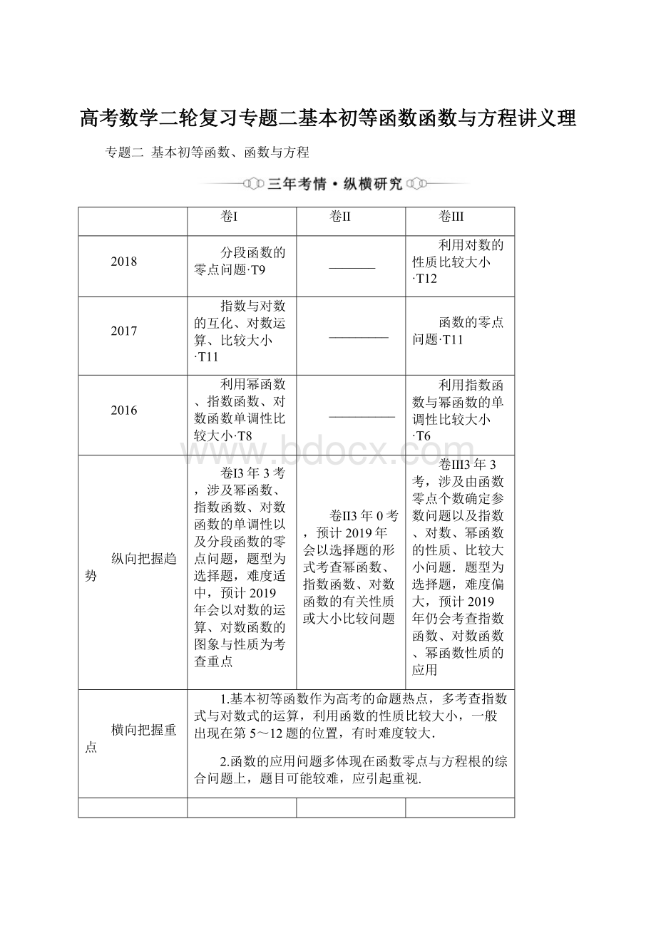 高考数学二轮复习专题二基本初等函数函数与方程讲义理Word文档格式.docx