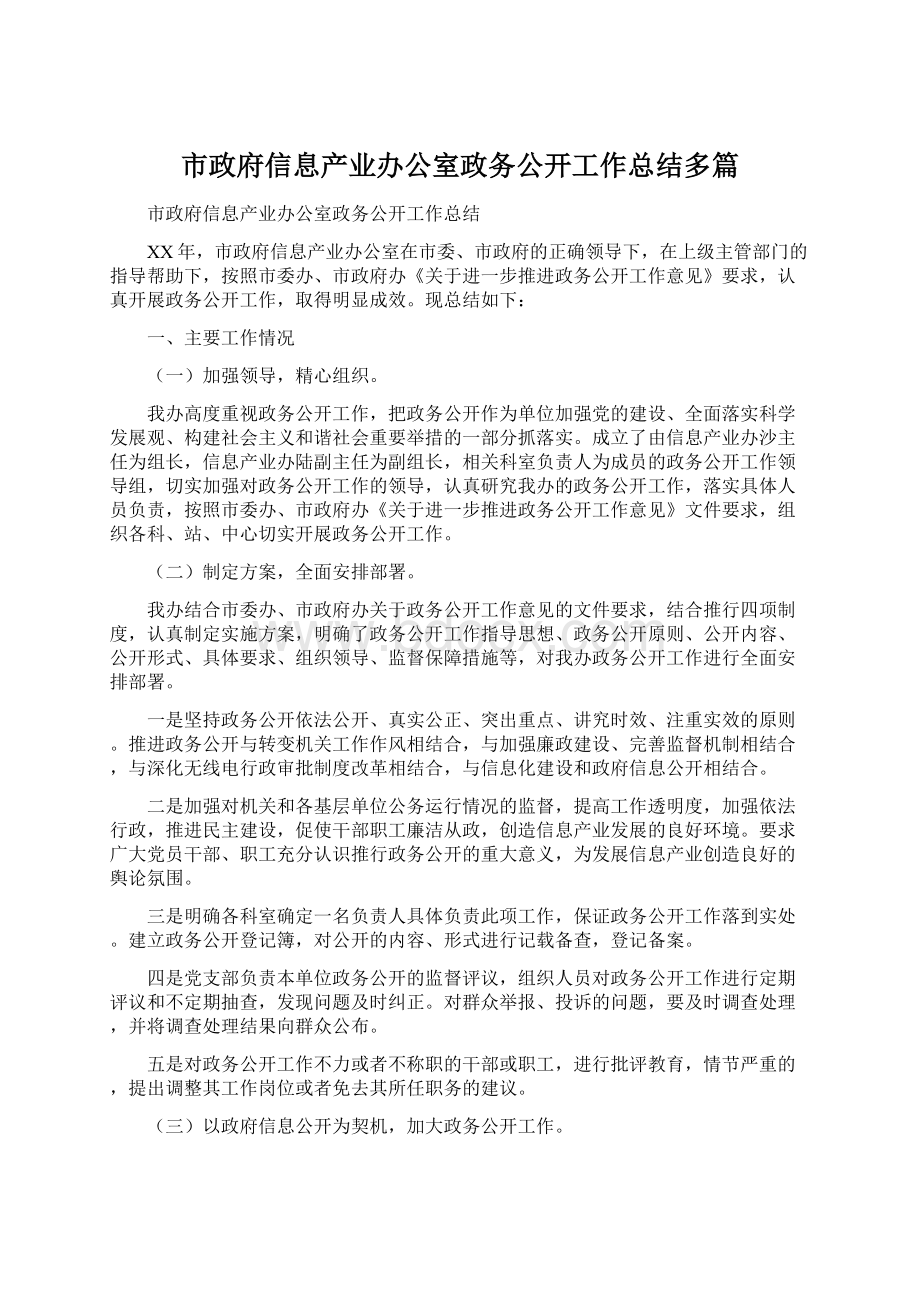 市政府信息产业办公室政务公开工作总结多篇.docx