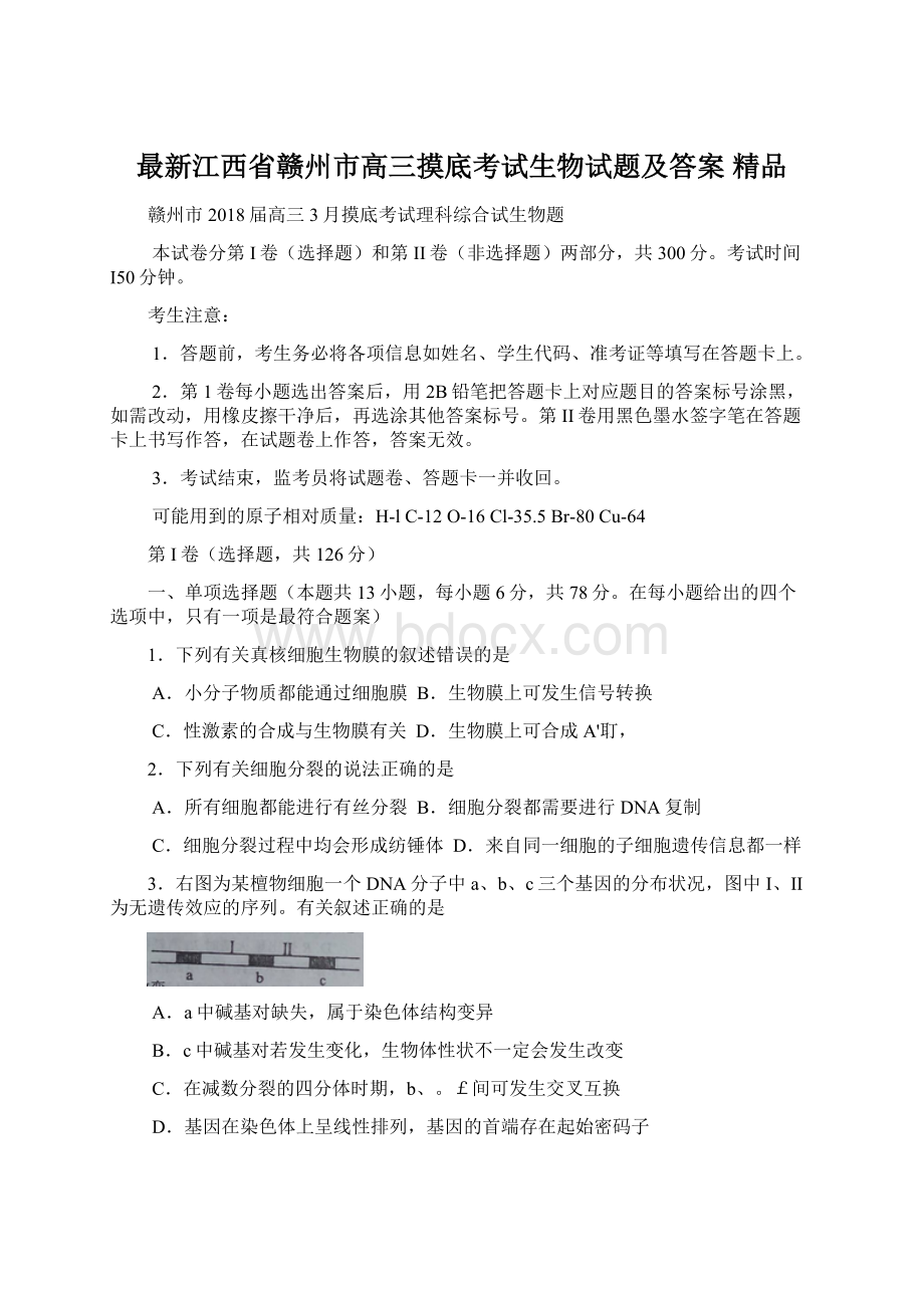 最新江西省赣州市高三摸底考试生物试题及答案 精品.docx_第1页