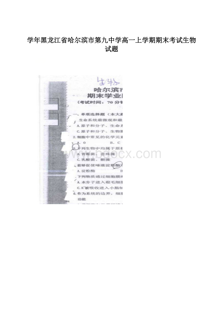 学年黑龙江省哈尔滨市第九中学高一上学期期末考试生物试题.docx