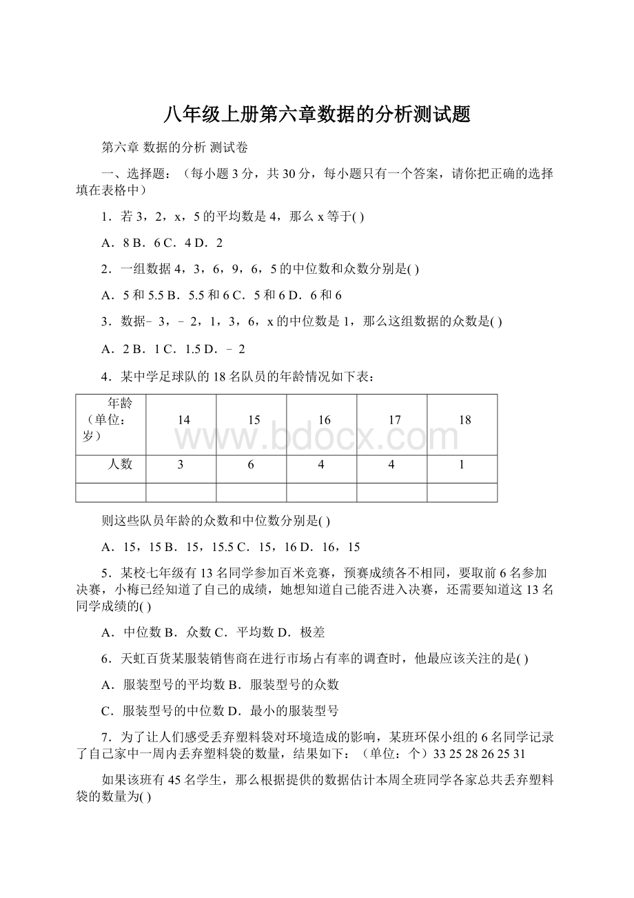 八年级上册第六章数据的分析测试题.docx_第1页