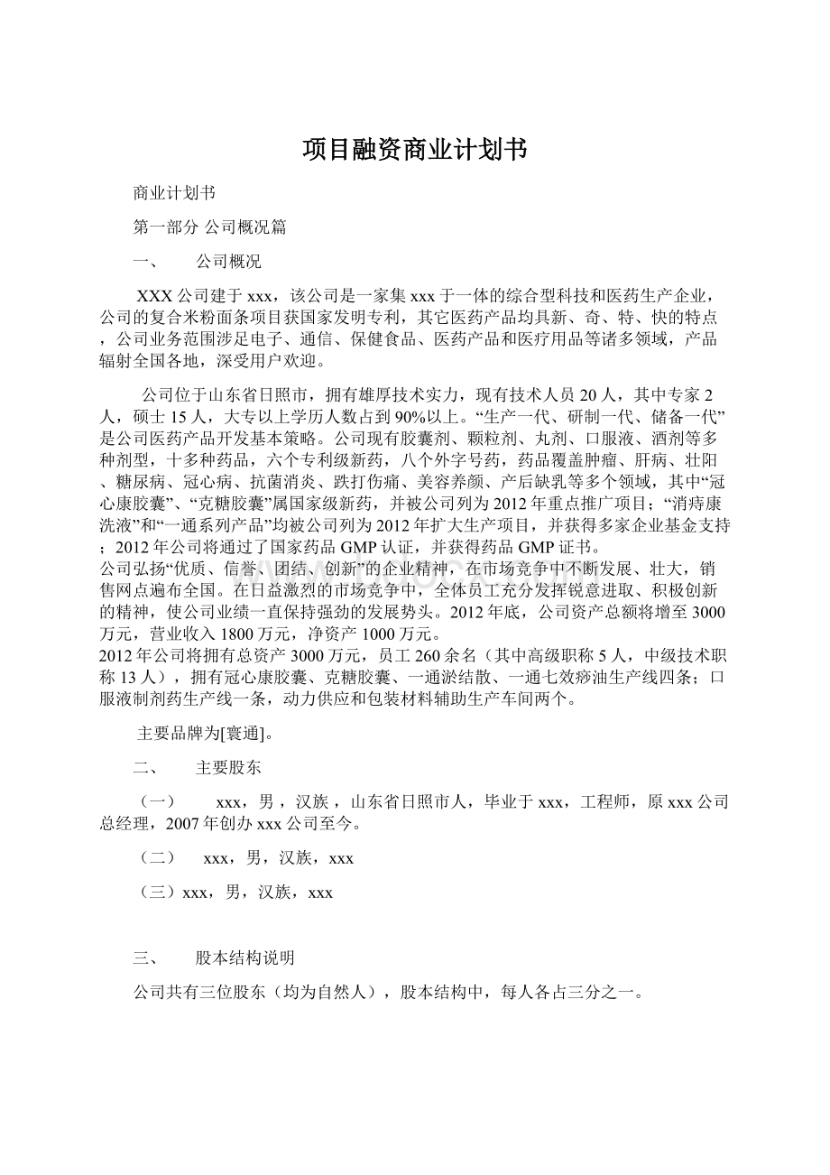 项目融资商业计划书Word格式文档下载.docx