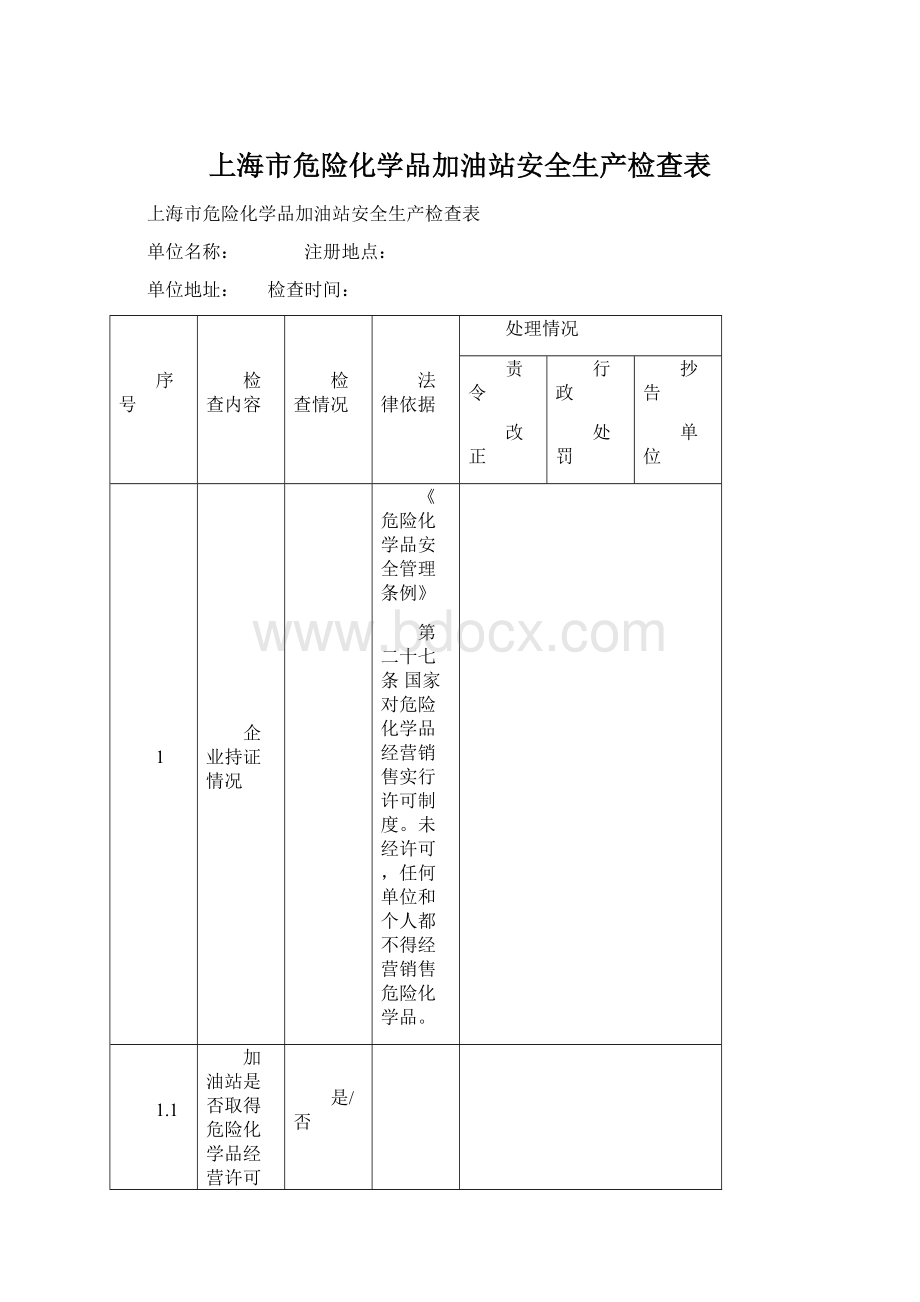 上海市危险化学品加油站安全生产检查表Word文件下载.docx