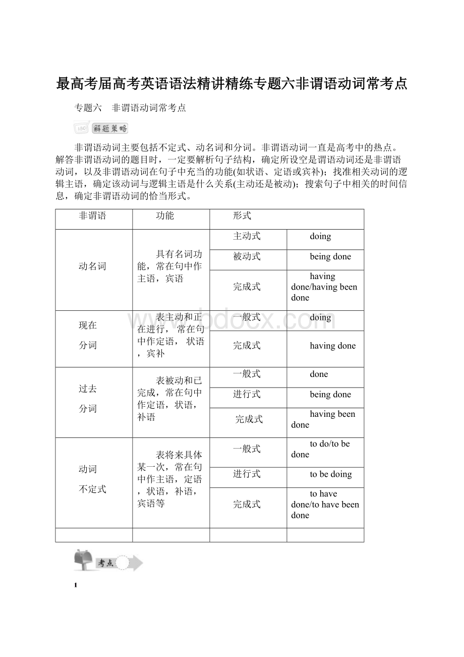 最高考届高考英语语法精讲精练专题六非谓语动词常考点文档格式.docx