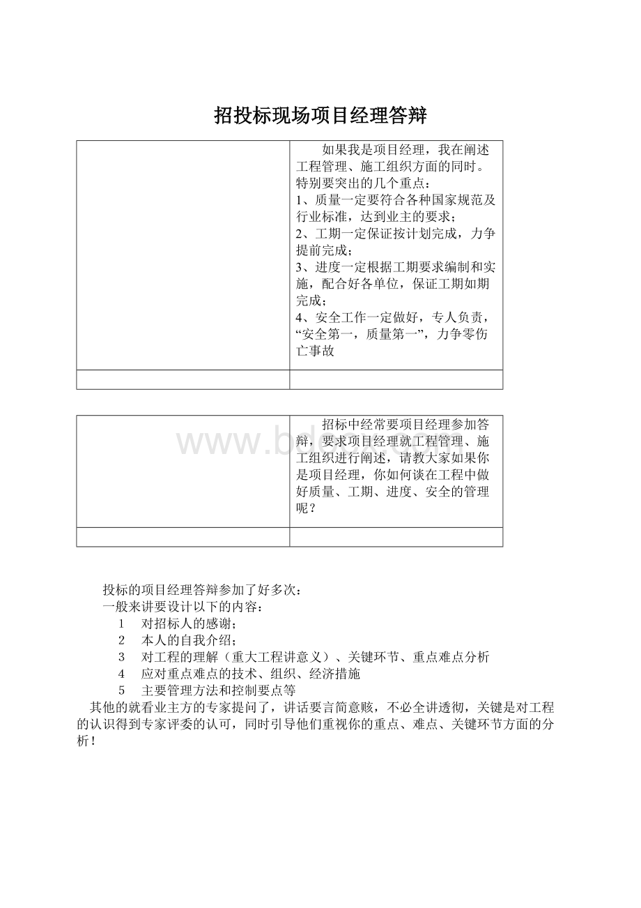 招投标现场项目经理答辩Word文档下载推荐.docx