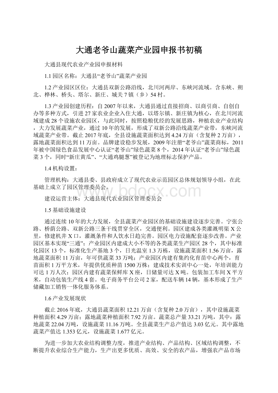 大通老爷山蔬菜产业园申报书初稿Word格式文档下载.docx_第1页