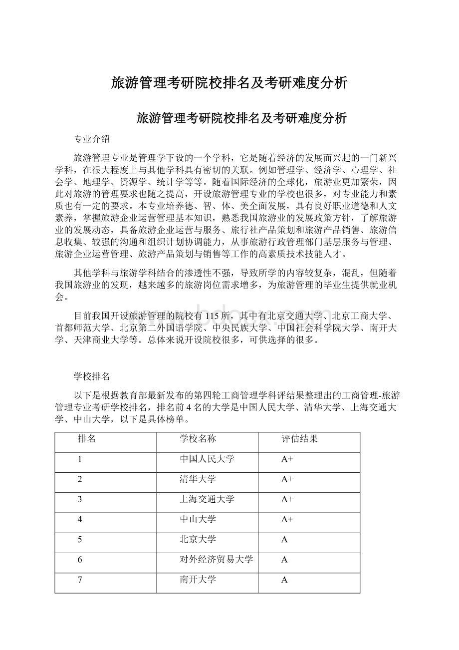 旅游管理考研院校排名及考研难度分析.docx