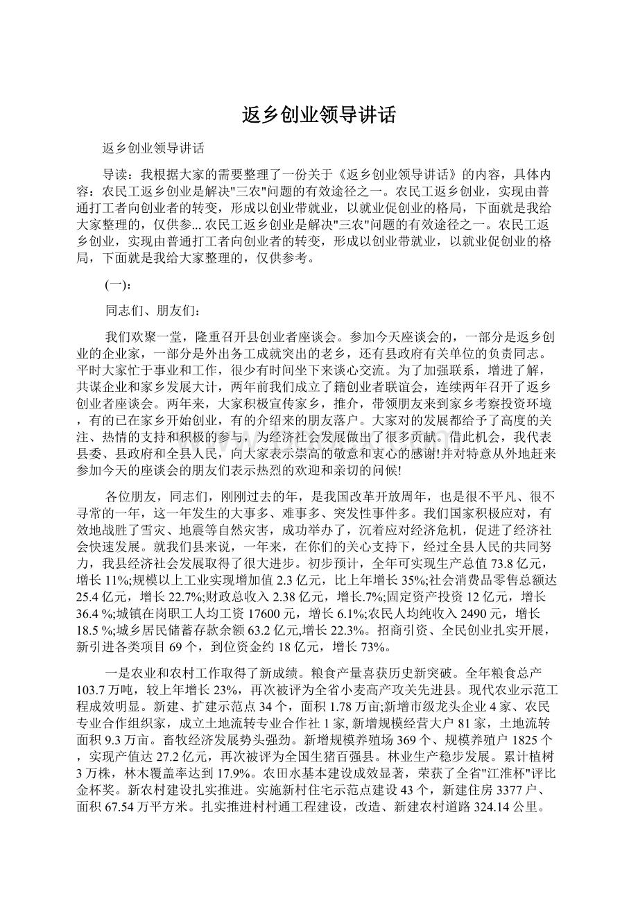 返乡创业领导讲话Word文档下载推荐.docx