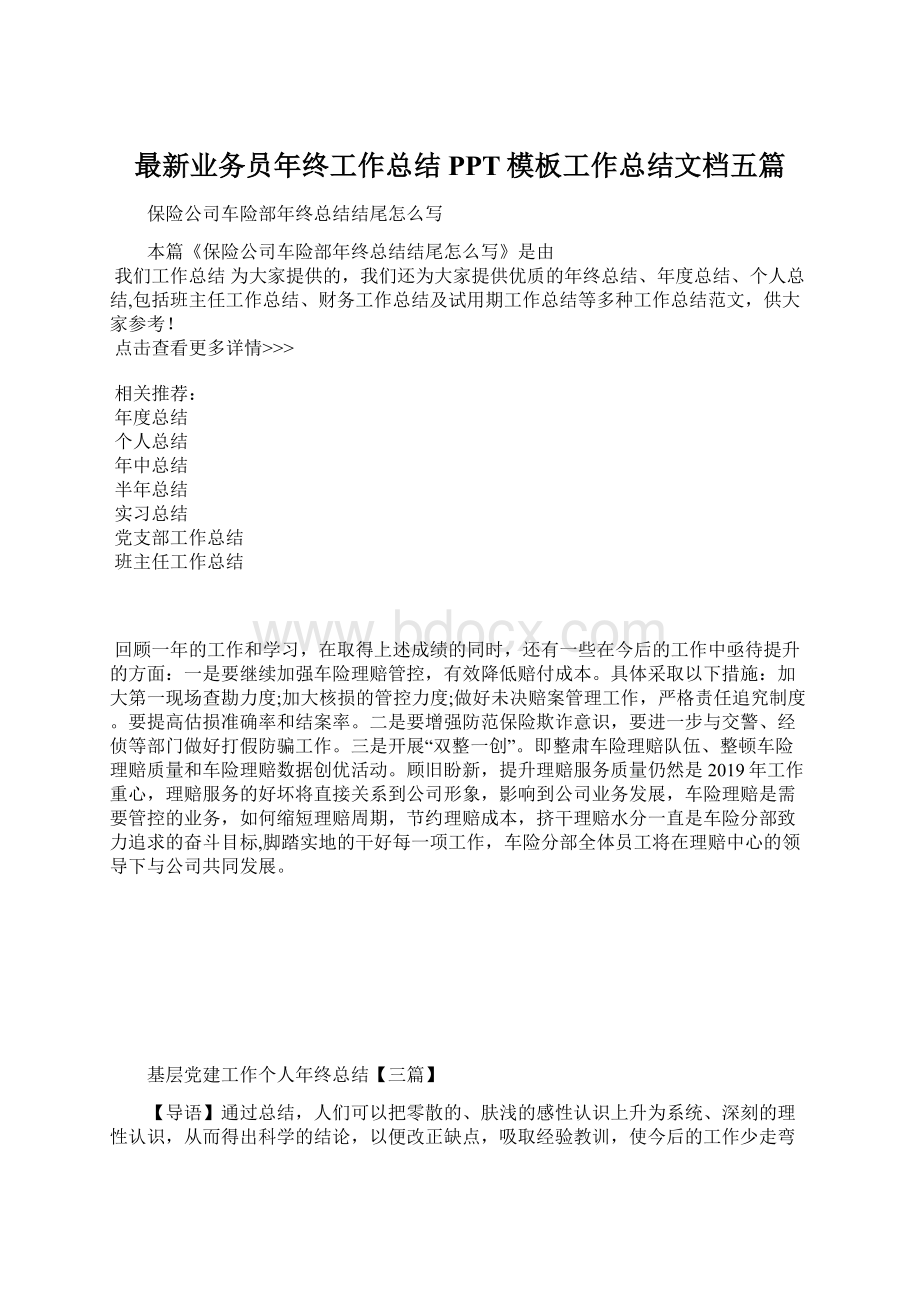 最新业务员年终工作总结PPT模板工作总结文档五篇Word格式文档下载.docx