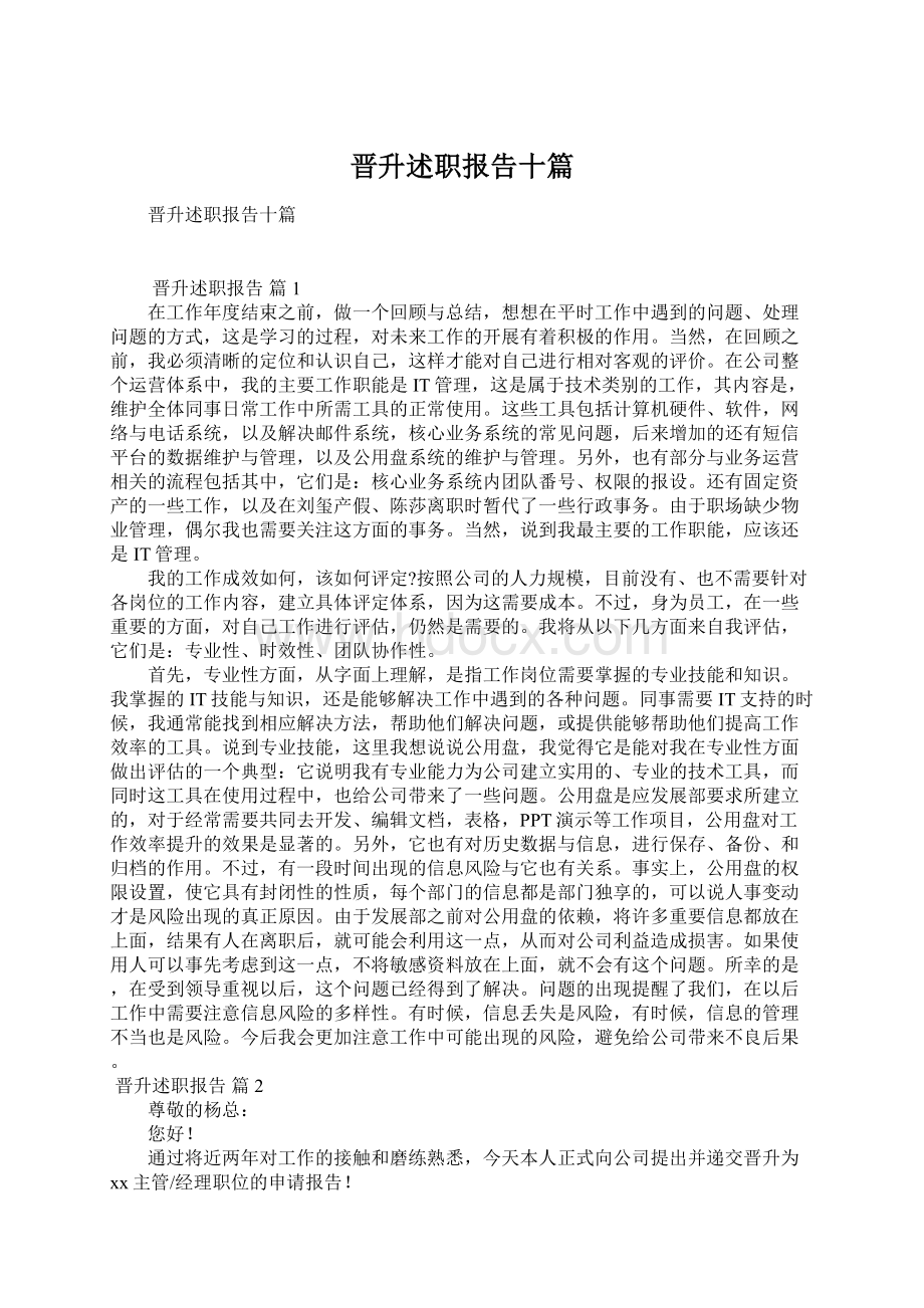 晋升述职报告十篇Word格式文档下载.docx