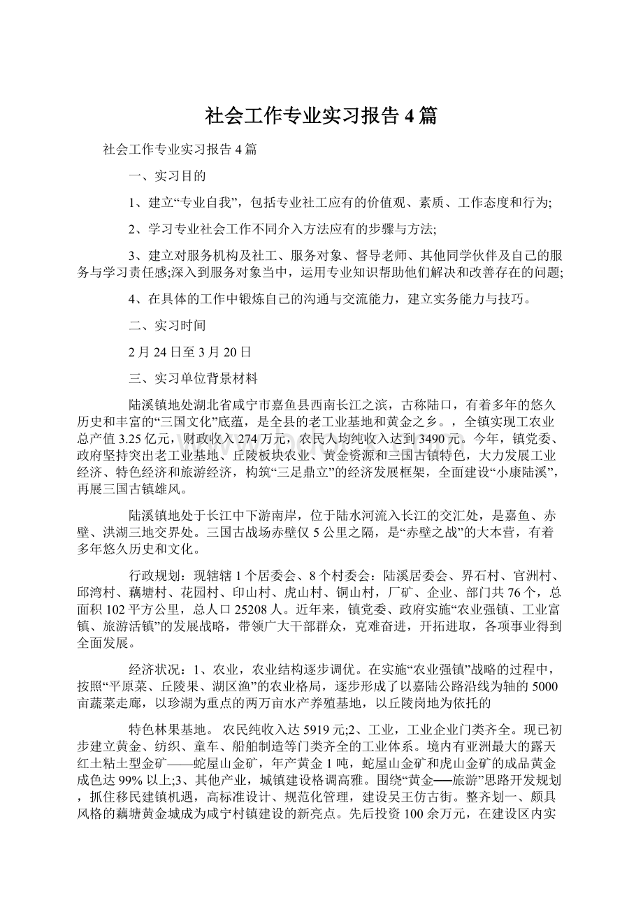 社会工作专业实习报告4篇Word格式文档下载.docx