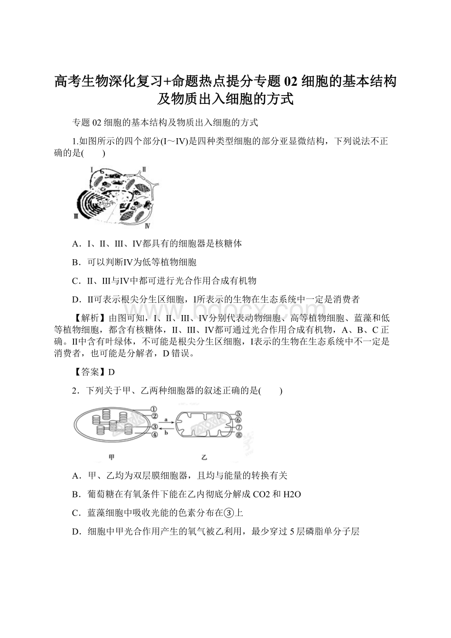 高考生物深化复习+命题热点提分专题02 细胞的基本结构及物质出入细胞的方式.docx