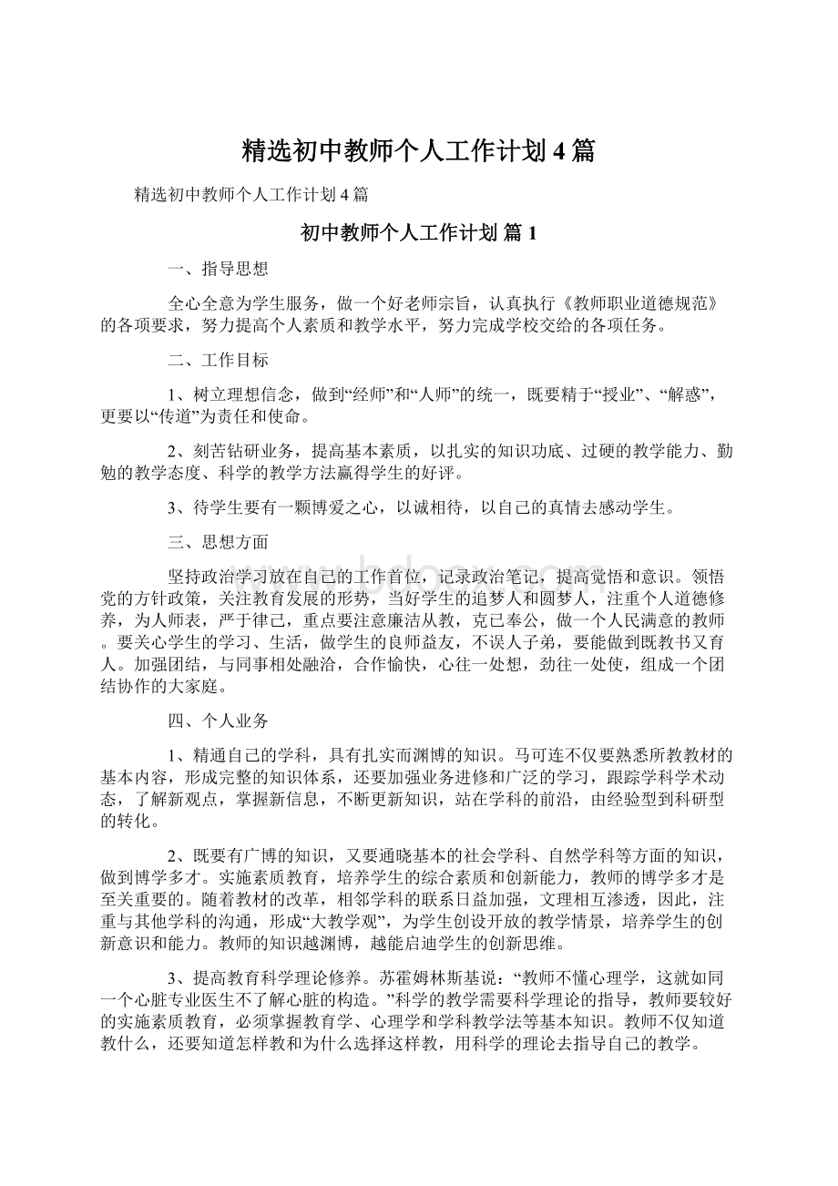 精选初中教师个人工作计划4篇文档格式.docx