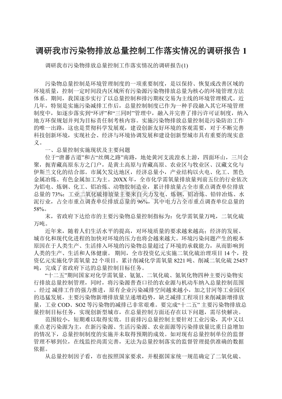 调研我市污染物排放总量控制工作落实情况的调研报告1Word文档格式.docx