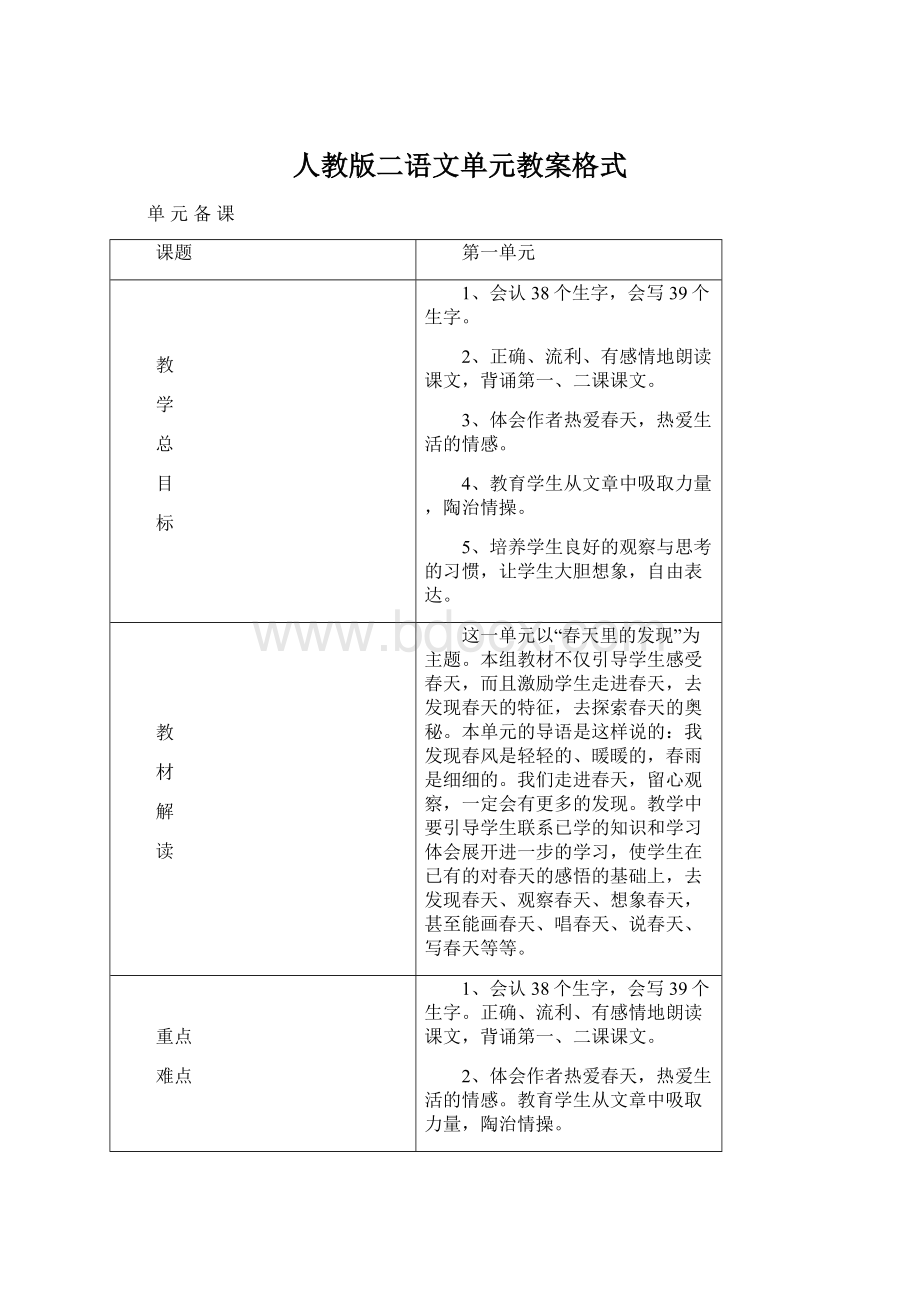 人教版二语文单元教案格式Word格式.docx_第1页