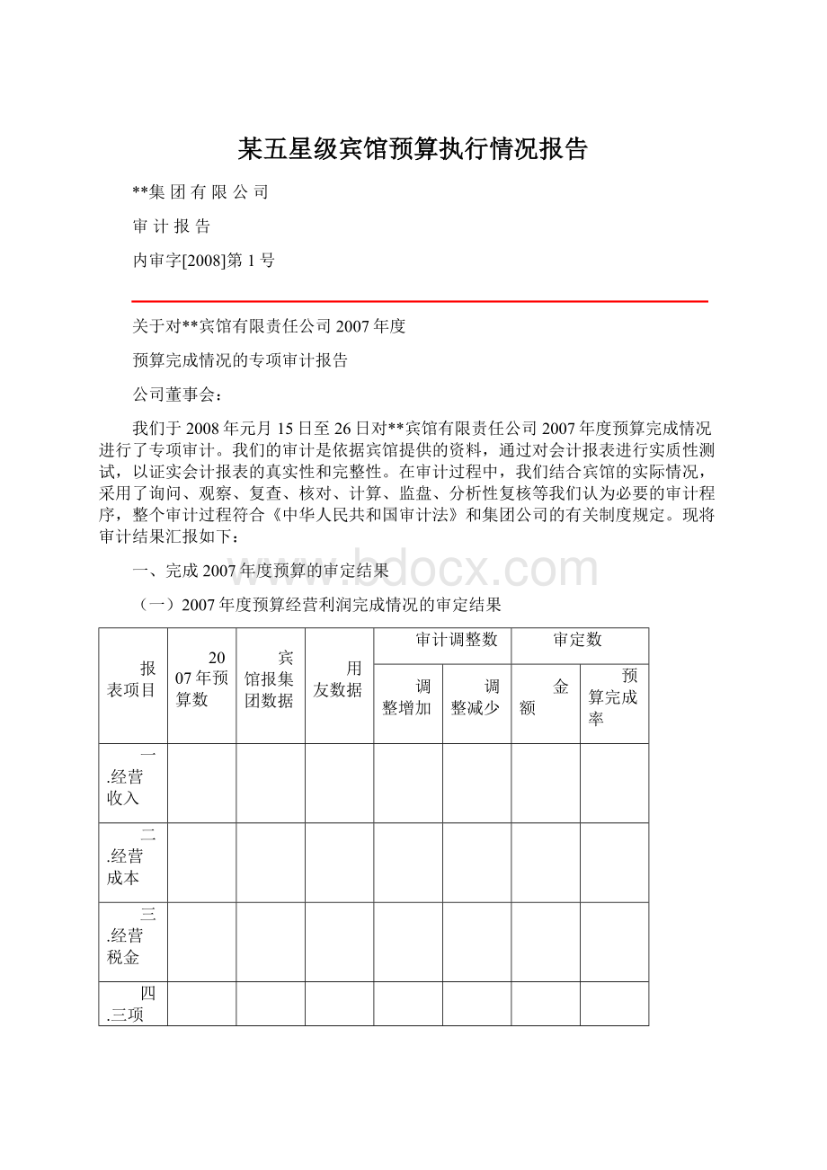 某五星级宾馆预算执行情况报告Word下载.docx