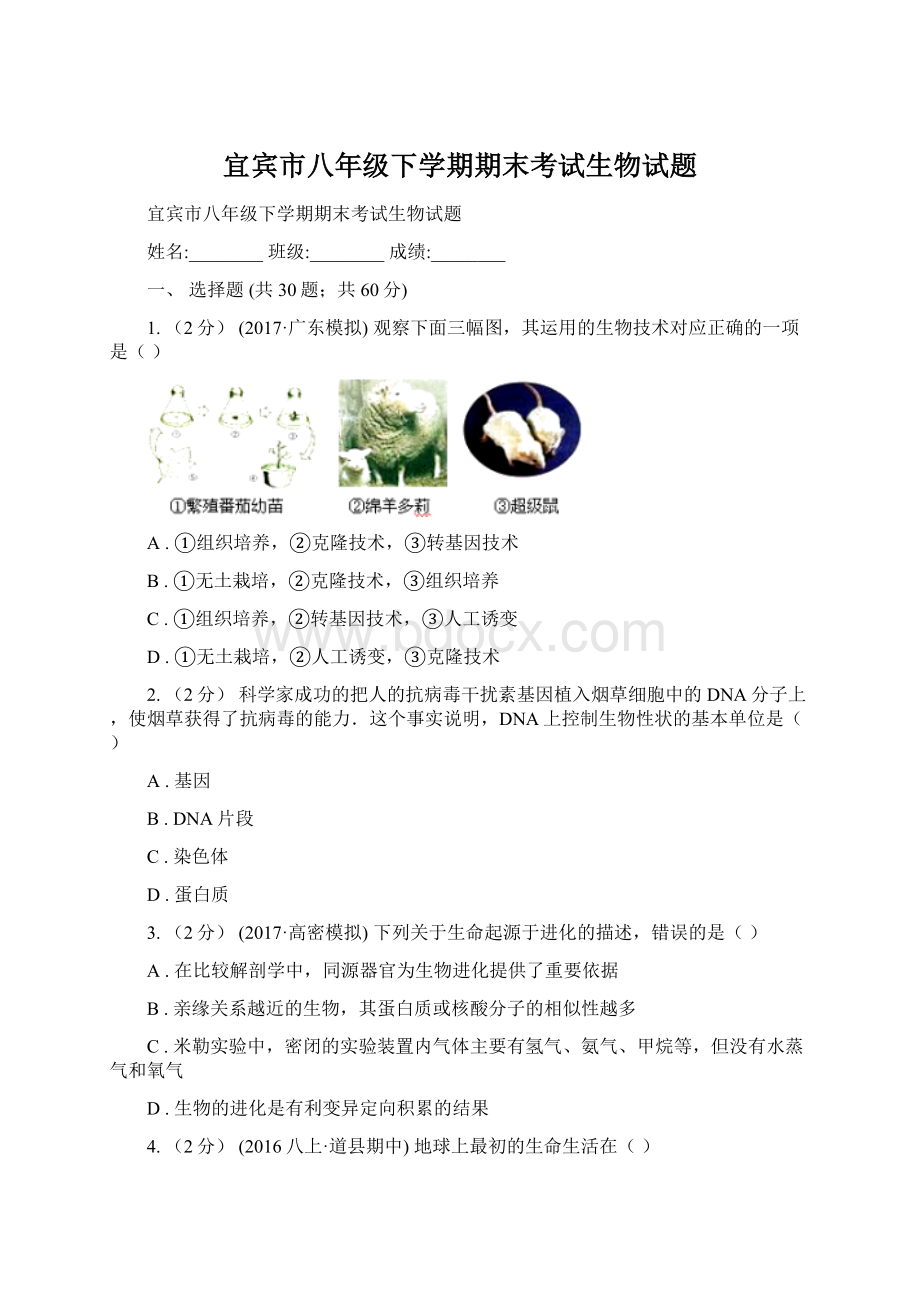 宜宾市八年级下学期期末考试生物试题Word文档下载推荐.docx