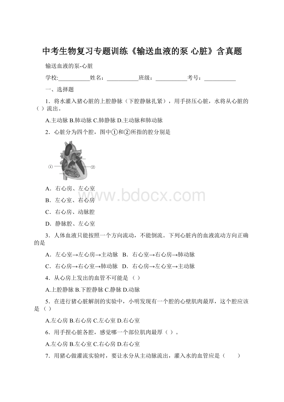 中考生物复习专题训练《输送血液的泵 心脏》含真题.docx